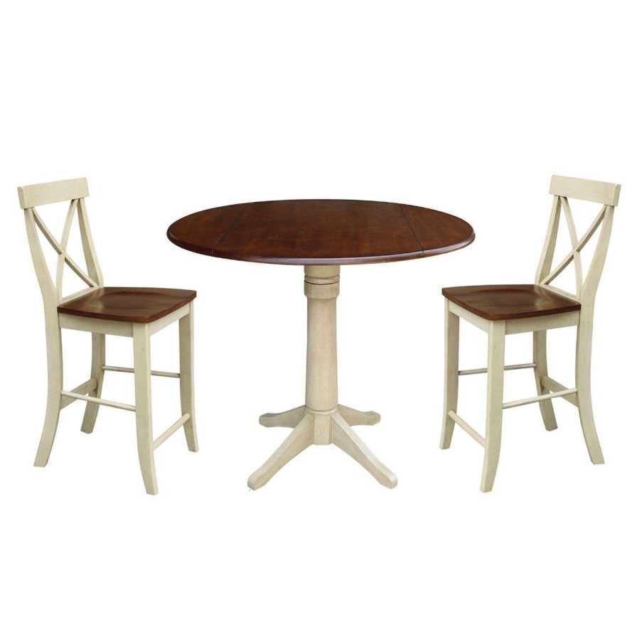 Dining Table Sets * | Brand New Round International Concepts 3 Piece Straight Pedestal Counter Height Dining Set With Drop Leaf