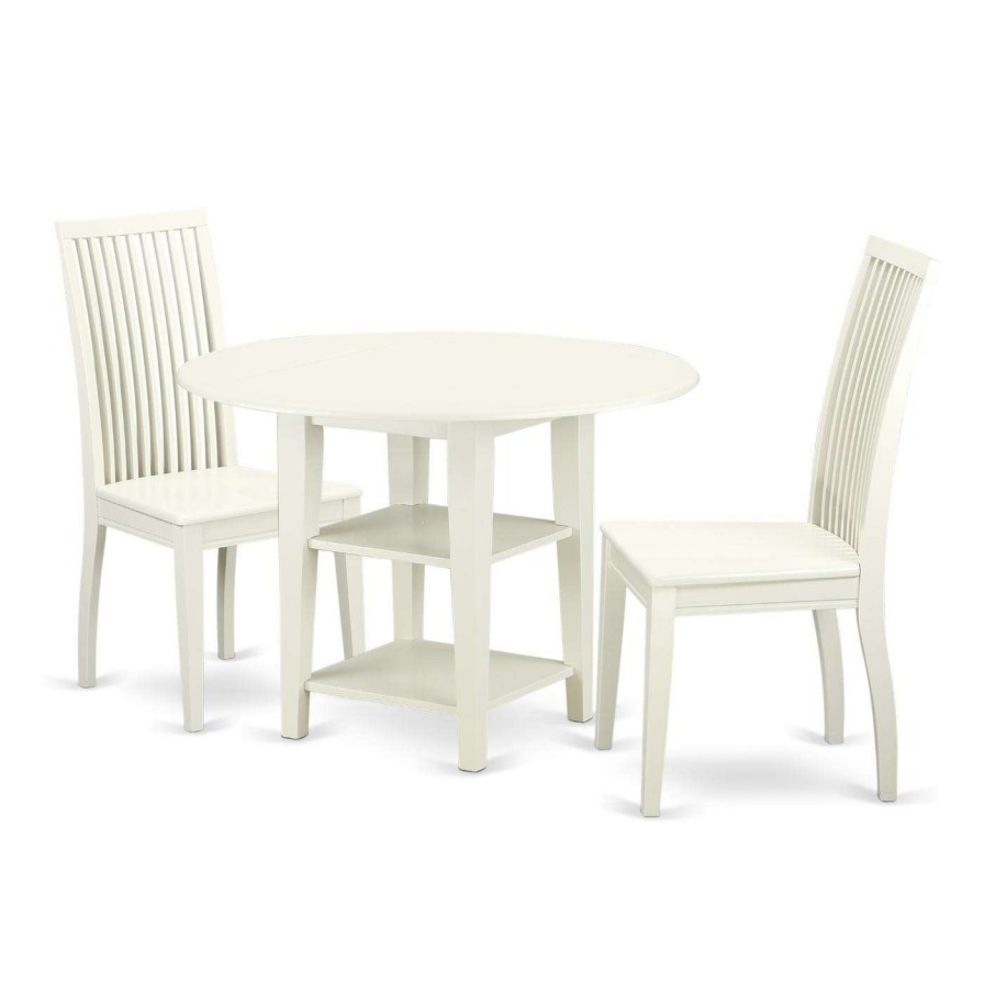 Dining Table Sets * | Best Sale Round East West Furniture Sudbury 3 Piece Dual Drop Leaf Dining Table Set With Slat Back Dining Chairs