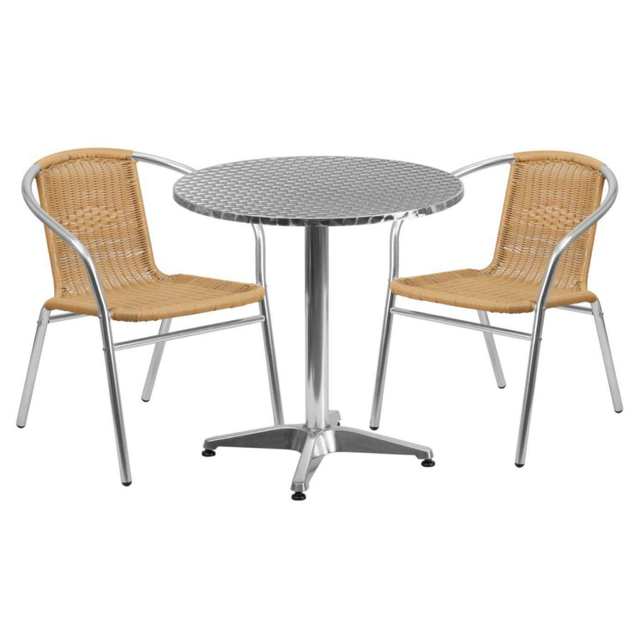 Dining Table Sets * | Wholesale Flash Furniture 27.5 In. Round Aluminum Indoor-Outdoor Table With 2 Rattan Arm Chairs