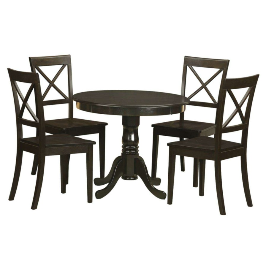 Dining Table Sets * | Cheapest East West Furniture Antique 5 Piece Pedestal Round Dining Table Set With Boston Wooden Seat Chairs