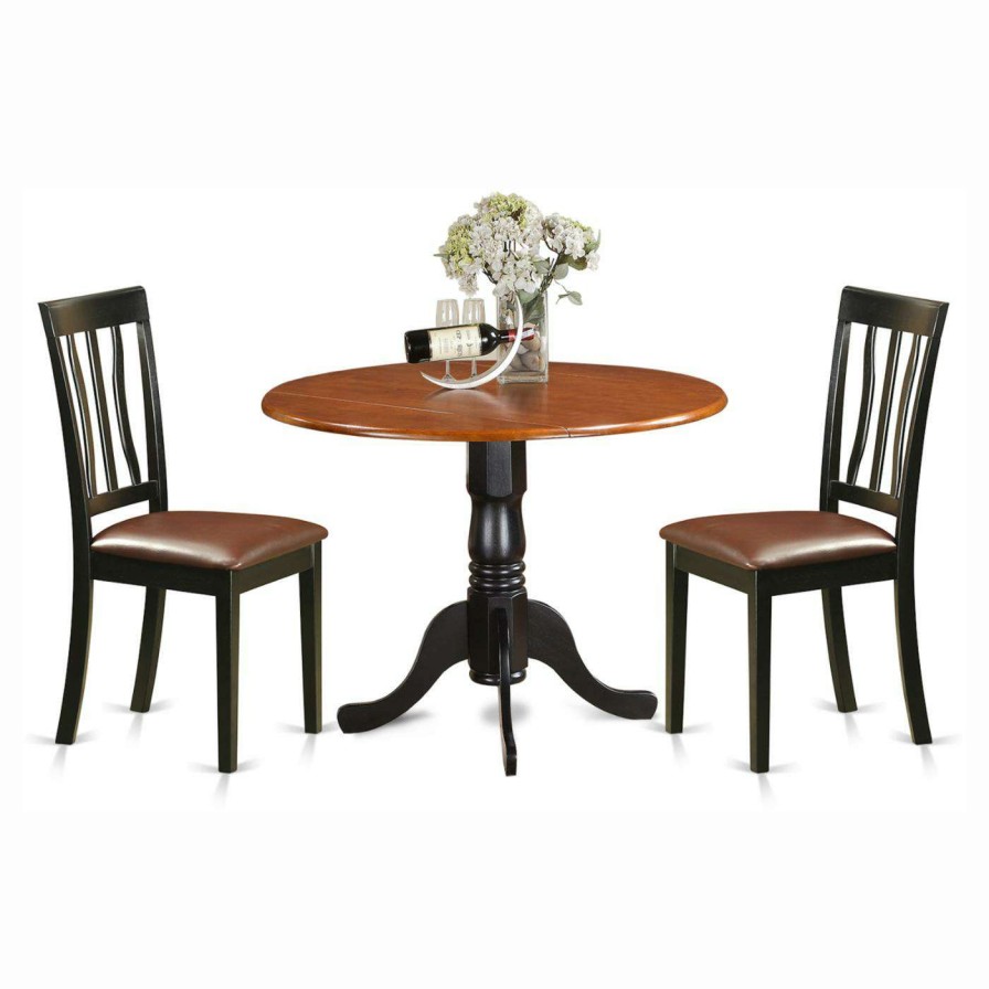 Dining Table Sets * | Best Deal Round East West Furniture Dublin 3 Piece Drop Leaf Dining Table Set With Faux Leather Antique Chairs