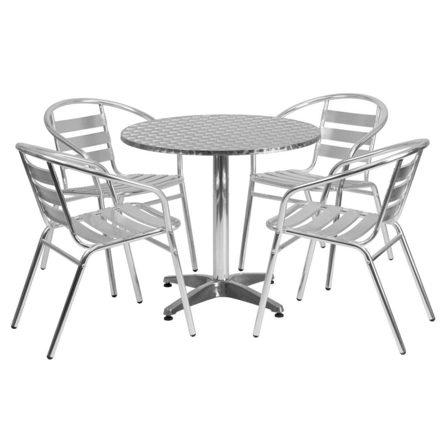 Dining Table Sets * | Discount Flash Furniture 31.5 In. Round Aluminum Indoor-Outdoor Table With 4 Slat Back Chairs