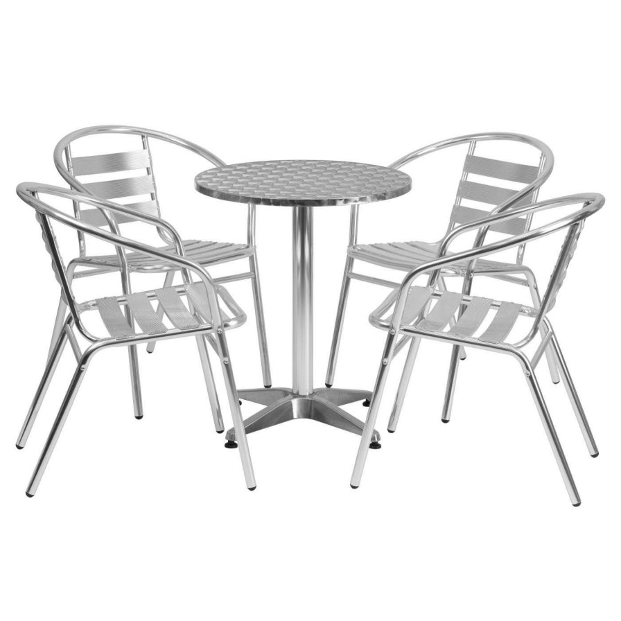 Dining Table Sets * | Top 10 Flash Furniture 23.5 In. Round Aluminum Indoor-Outdoor Table With 4 Slat Back Arm Chairs