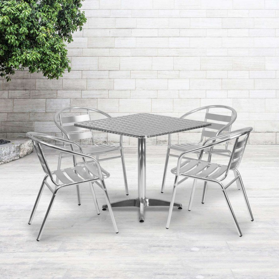 Dining Table Sets * | Outlet Flash Furniture 31.5 In. Square Aluminum Indoor-Outdoor Table With 4 Slat Back Chairs