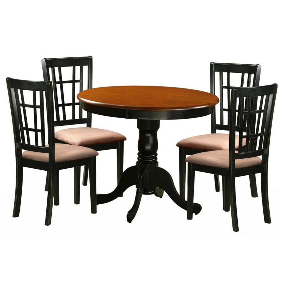 Dining Table Sets * | Best Reviews Of East West Furniture Antique 5 Piece Pedestal Round Dining Table Set With Nicoli Microfiber Seat Chairs Black / Dark Brown