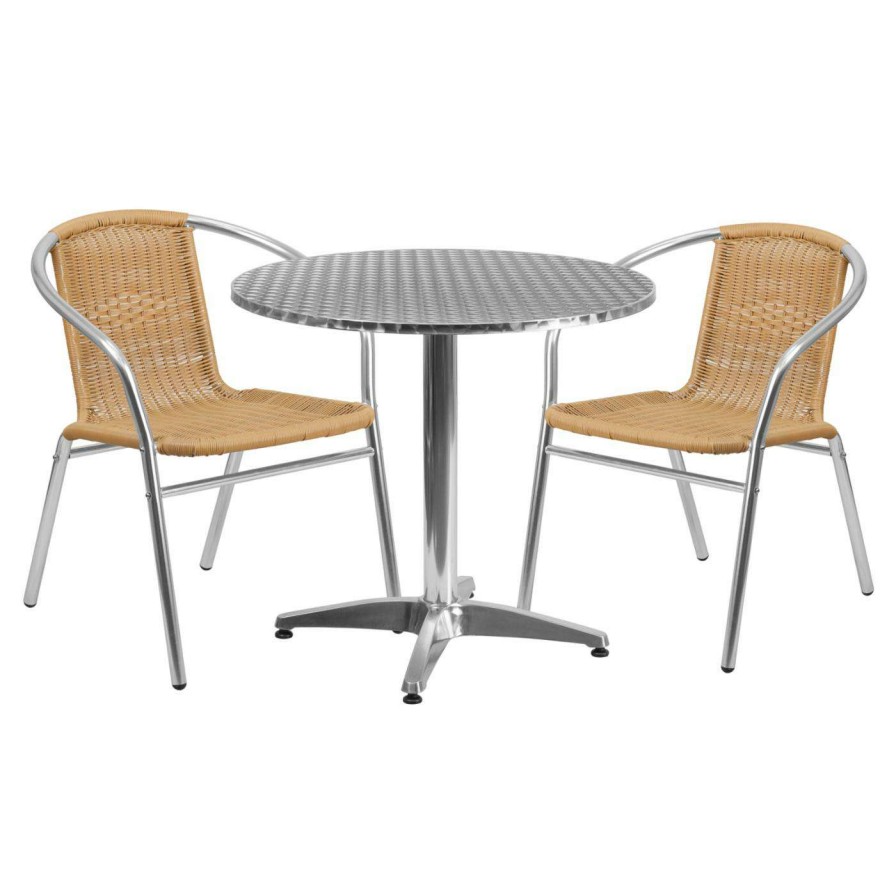 Dining Table Sets * | Discount Flash Furniture 31.5 In. Round Aluminum Indoor-Outdoor Table With 2 Rattan Arm Chairs