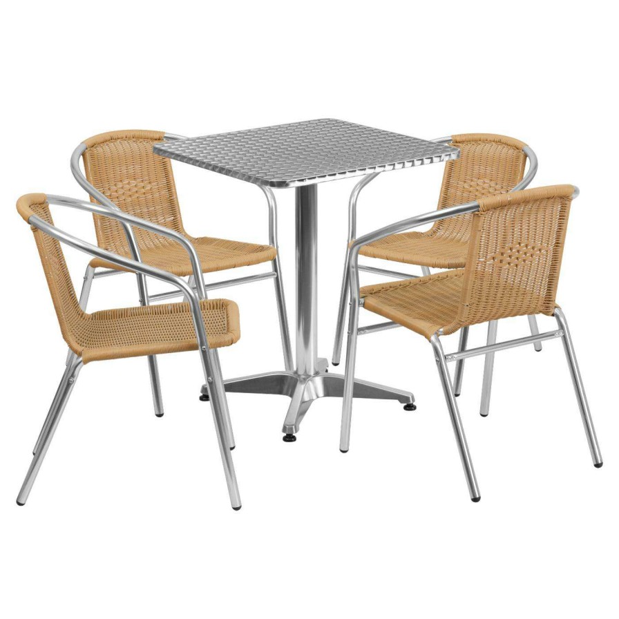 Dining Table Sets * | Outlet Flash Furniture 23.5 In. Square Aluminum Indoor-Outdoor Table With 4 Rattan Arm Chairs