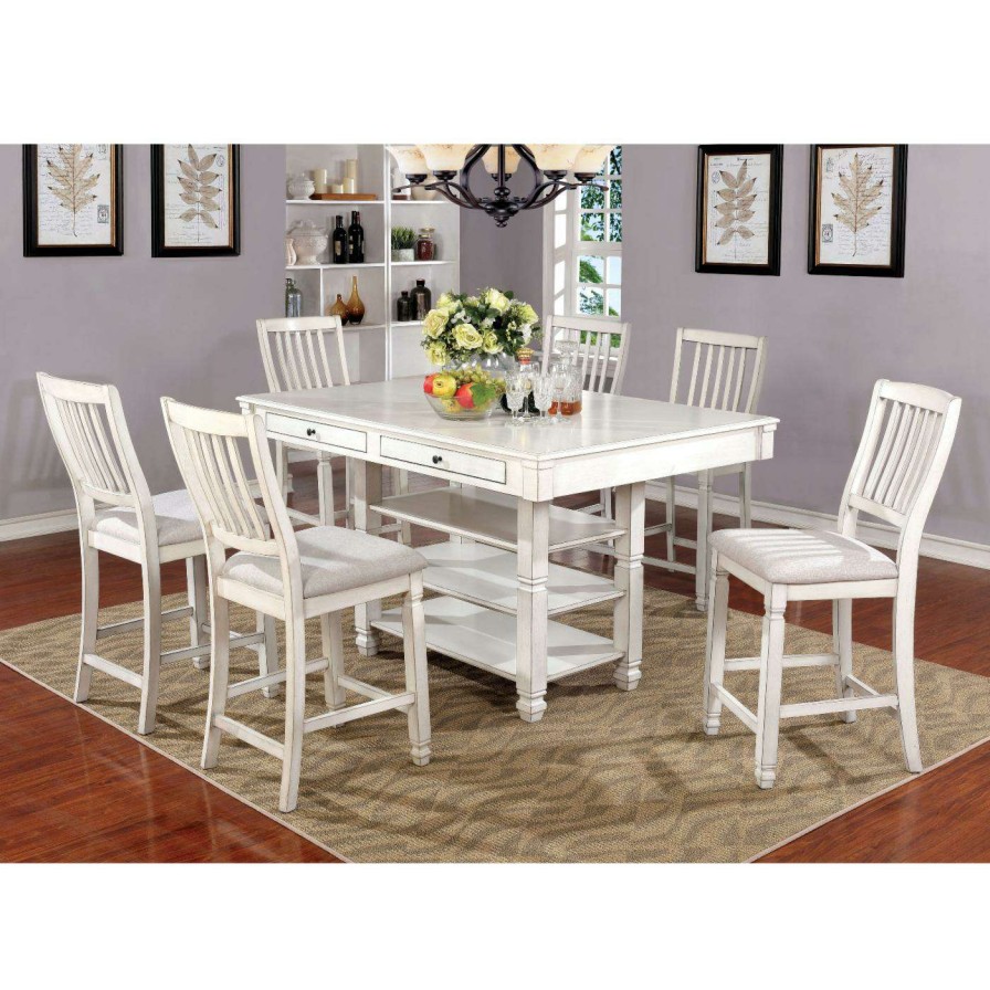 Dining Table Sets * | Best Deal Rectangle Furniture Of America Loretta 7 Piece French Country Weathered Counter Height Table Set