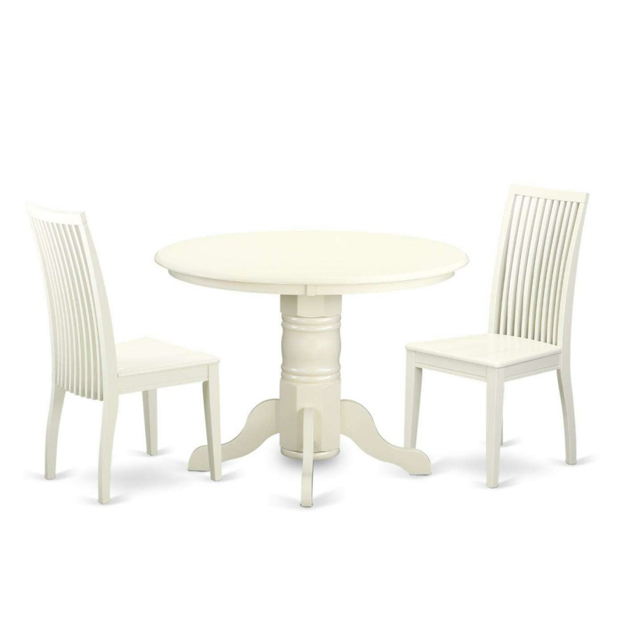 Dining Table Sets * | Deals East West Furniture Shelton 3 Piece Round Dining Table Set With Slat Back Chairs Linen White