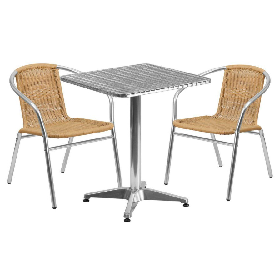 Dining Table Sets * | Best Deal Flash Furniture 23.5 In. Square Aluminum Indoor-Outdoor Table With 2 Rattan Arm Chairs