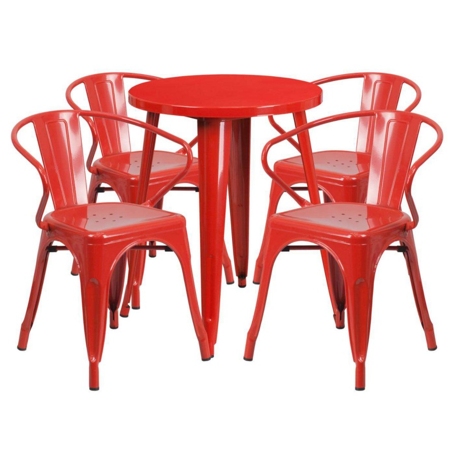 Dining Table Sets * | Promo Casual Dining Sets Flash Furniture 24 In. Round Metal Indoor-Outdoor Table Set With 4 Splat Back Arm Chairs