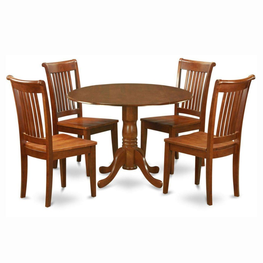 Dining Table Sets * | Brand New Round East West Furniture Dublin 5 Piece Drop Leaf Dining Table Set With Portland Wooden Seat Chairs