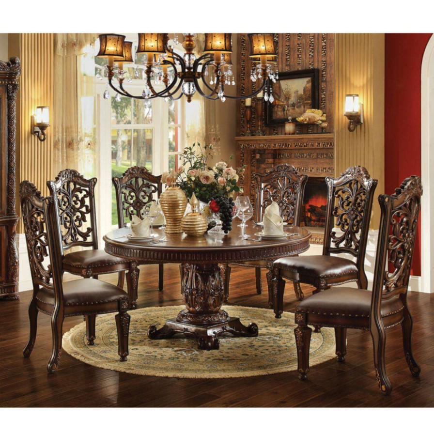 Dining Table Sets * | Hot Sale Acme Furniture Vendome Cherry 7 Piece Large Round Pedestal Dining Table Set