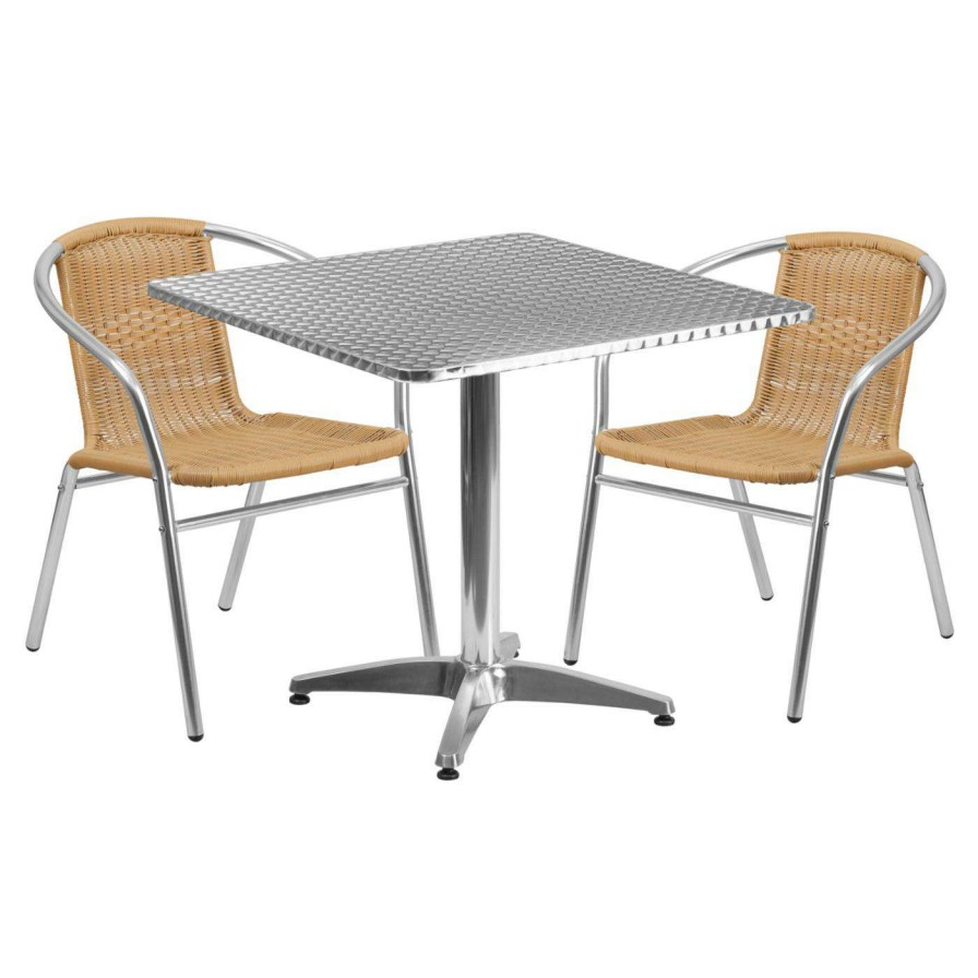 Dining Table Sets * | Best Pirce Flash Furniture 31.5 In. Square Aluminum Indoor-Outdoor Table With 2 Rattan Arm Chairs