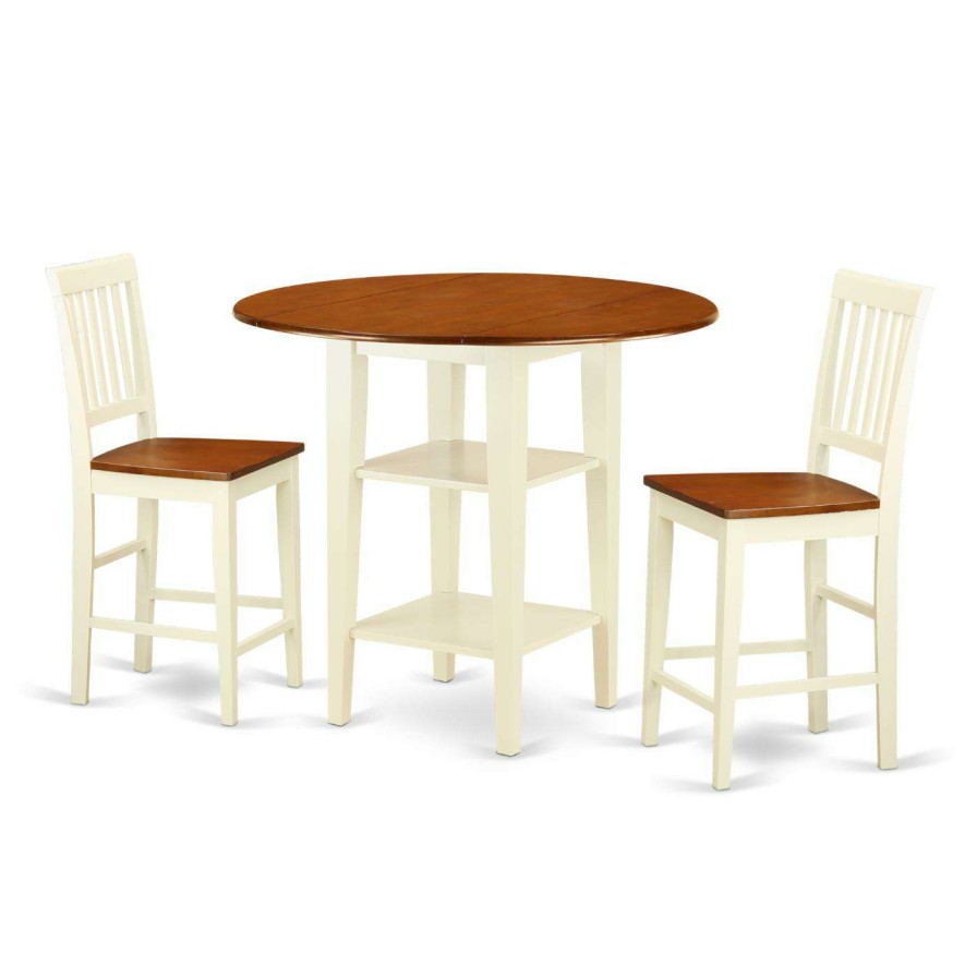 Dining Table Sets * | Discount East West Furniture Sudbury 3 Piece Round Double Drop Leaf Dining Table Set With Slat Back Chairs Wood