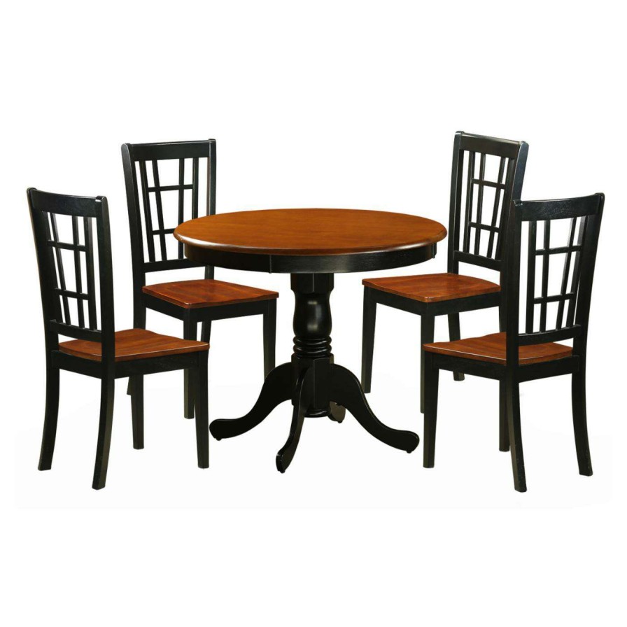 Dining Table Sets * | Cheap East West Furniture Antique 5 Piece Pedestal Round Dining Table Set With Nicoli Wooden Seat Chairs