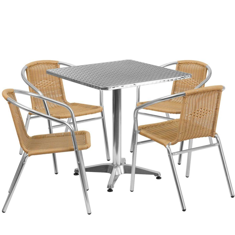 Dining Table Sets * | Best Sale Flash Furniture 27.5 In. Square Aluminum Indoor-Outdoor Table With 4 Rattan Arm Chairs