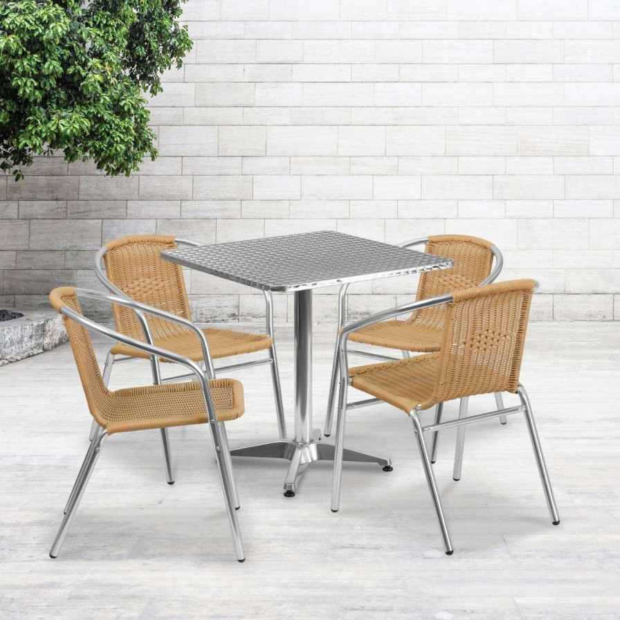 Dining Table Sets * | Best Sale Flash Furniture 27.5 In. Square Aluminum Indoor-Outdoor Table With 4 Rattan Arm Chairs