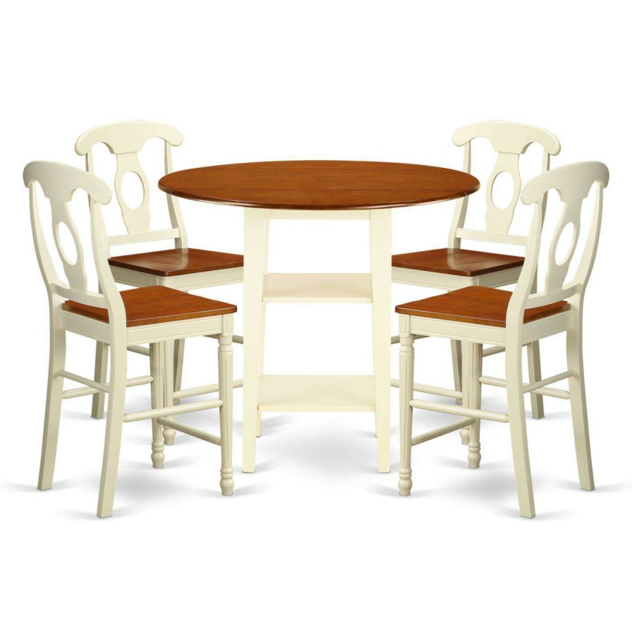 Dining Table Sets * | Hot Sale Round East West Furniture Sudbury 5 Piece Double Drop Leaf Dining Table Set With Keyhole Back Chairs