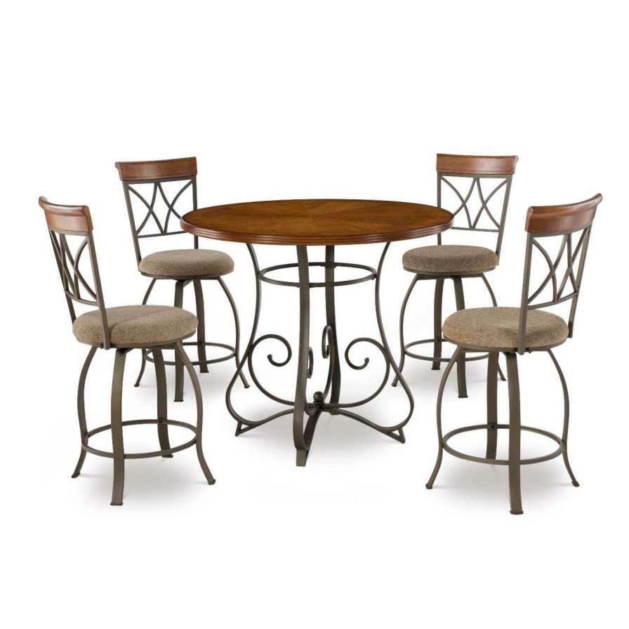 Dining Table Sets * | Outlet Round Powell Hamilton 5-Piece Counter Height Dining Set Brushed Faux Medium Cherry And Matte Pewter And Bronze