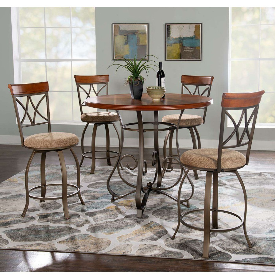 Dining Table Sets * | Outlet Round Powell Hamilton 5-Piece Counter Height Dining Set Brushed Faux Medium Cherry And Matte Pewter And Bronze