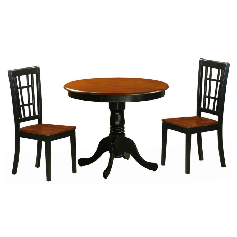 Dining Table Sets * | Flash Sale East West Furniture Antique 3 Piece Pedestal Round Dining Table Set With Nicoli Wooden Seat Chairs