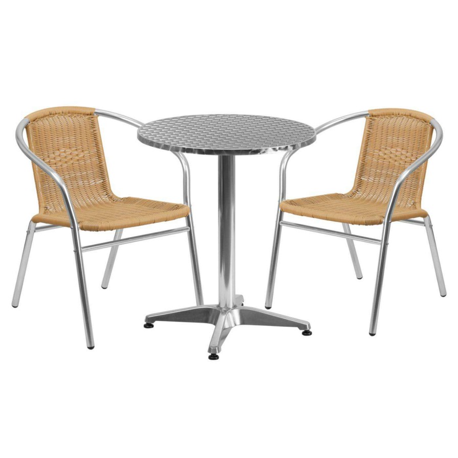 Dining Table Sets * | Cheapest Flash Furniture 23.5 In. Round Aluminum Indoor-Outdoor Table With 2 Rattan Arm Chairs