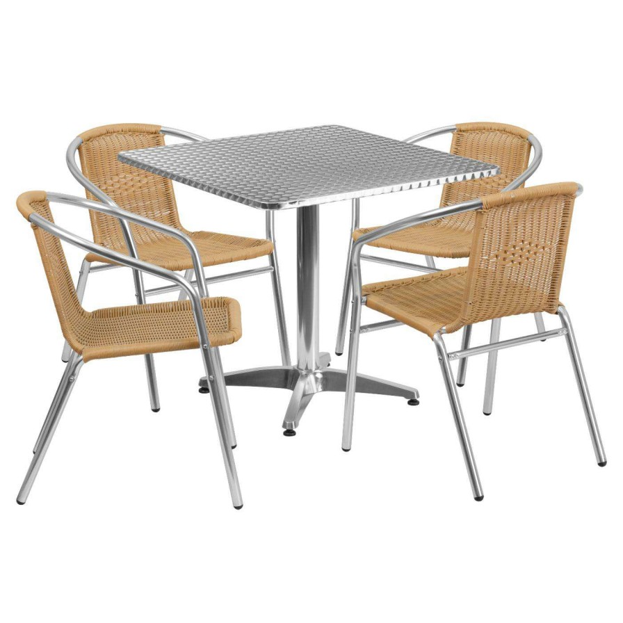 Dining Table Sets * | Cheap Flash Furniture 31.5 In. Square Aluminum Indoor-Outdoor Table With 4 Rattan Arm Chairs