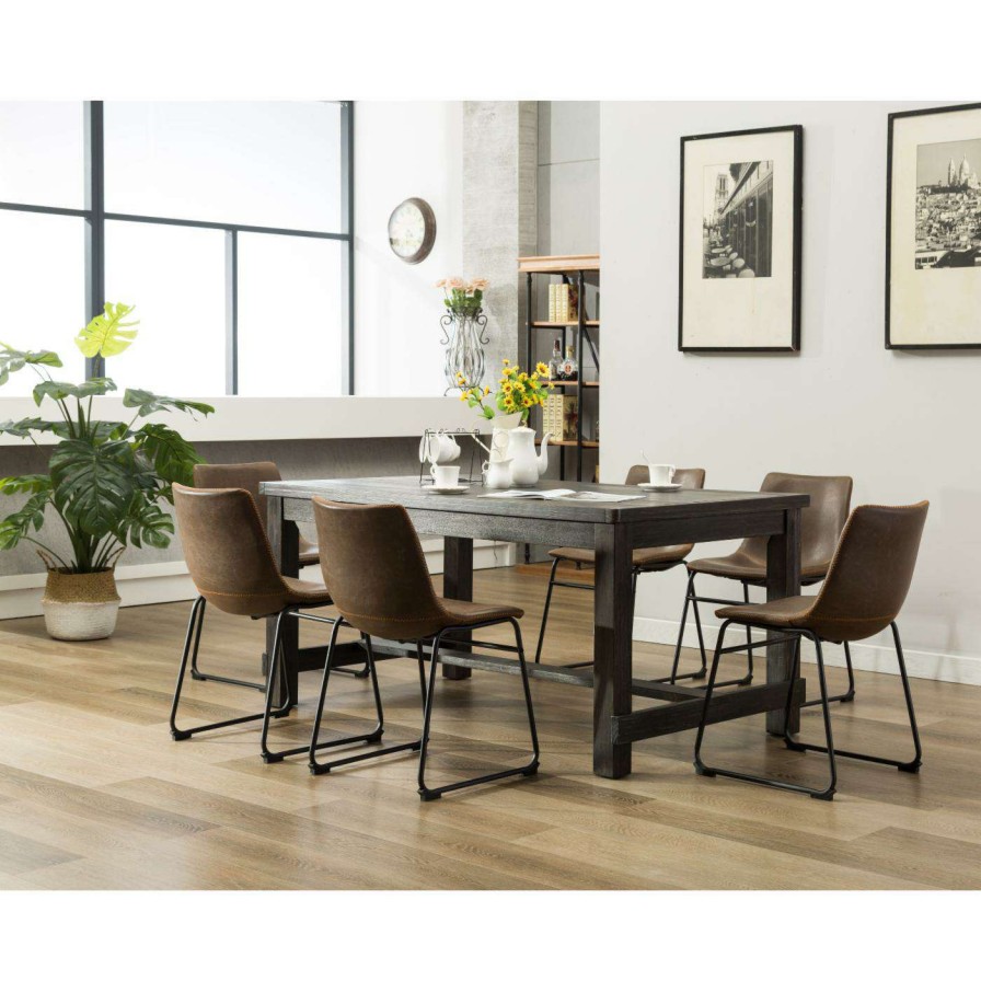 Dining Table Sets * | Cheapest Rectangle Roundhill Furniture Lotusville 7 Piece Wooden Dining Table Set