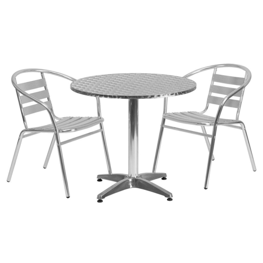 Dining Table Sets * | Cheap Flash Furniture 31.5 In. Round Aluminum Indoor-Outdoor Table With 2 Slat Back Chairs