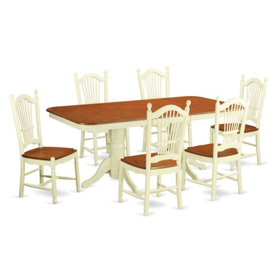 Dining Table Sets * | Best Sale Rectangle East West Furniture Napoleon 7 Piece Trestle Dining Table Set With Dover Wooden Chairs