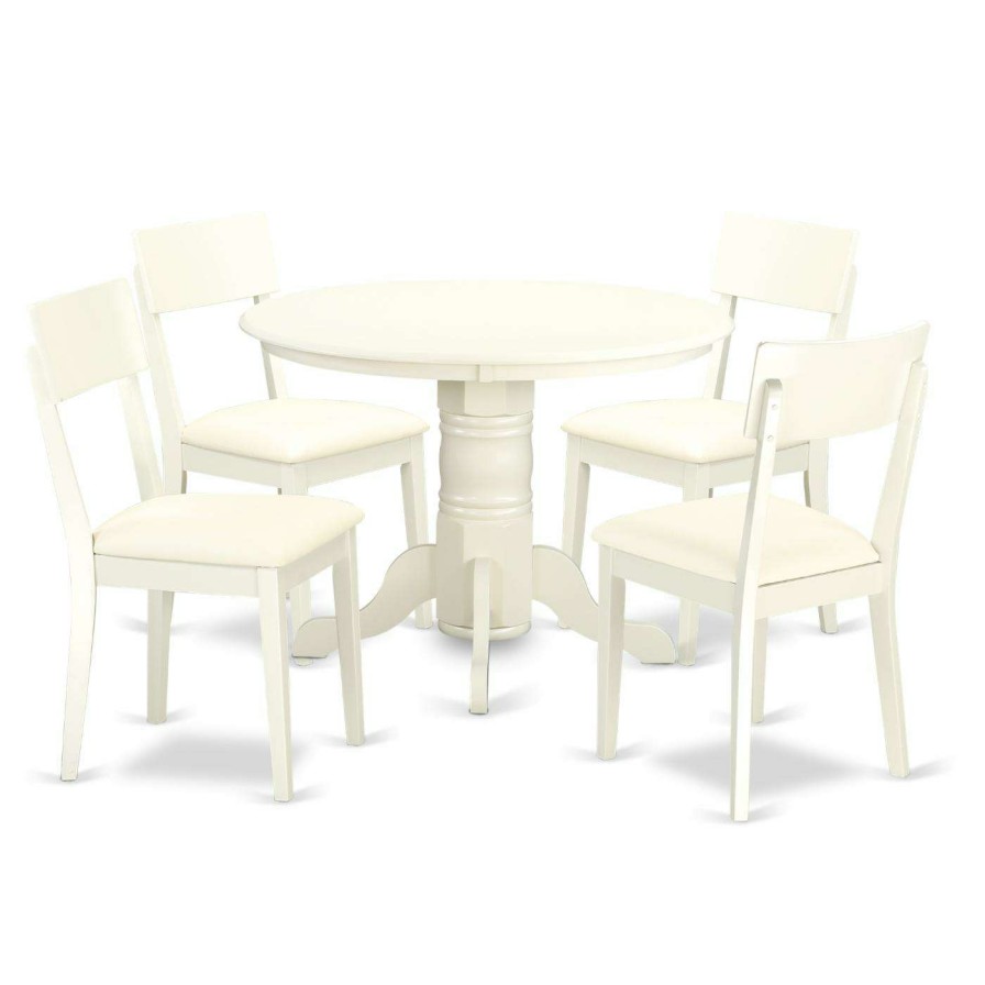 Dining Table Sets * | Best Deal East West Furniture Shelton 5 Piece Round Dining Table Set With Faux Leather Seat Dining Chairs Linen White