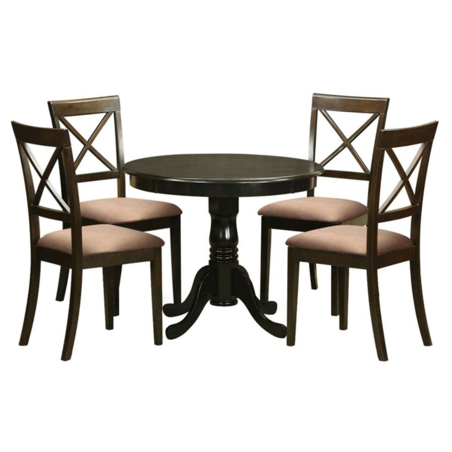 Dining Table Sets * | Hot Sale Kitchen & Dinette Sets East West Furniture Antique 5 Piece Pedestal Round Dining Table Set With Boston Microfiber Seat Chairs Cappuccino / Black