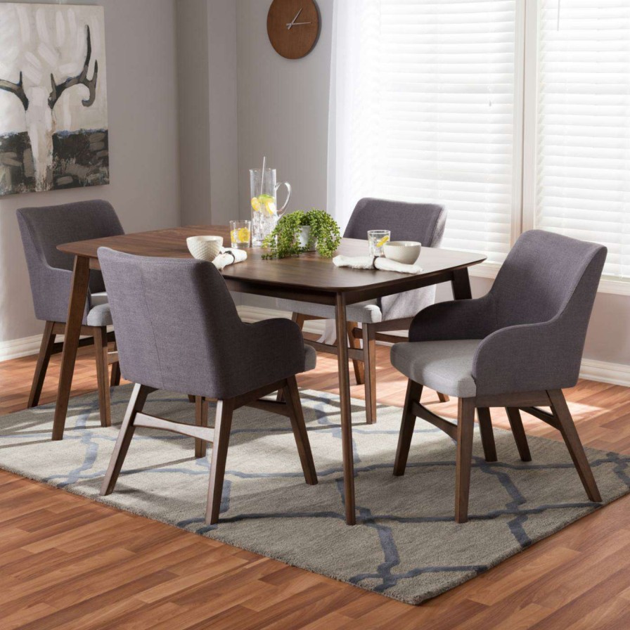 Dining Table Sets * | Buy Rectangle Baxton Studio Monte Mid-Century Modern Walnut Wood Rectangular 5 Piece Dining Set