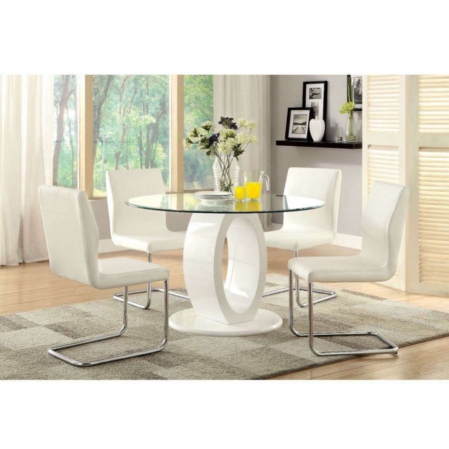 Dining Table Sets * | Promo Rectangle Furniture Of America Damore Contemporary 5 Piece High Gloss Round Dining Table Set White