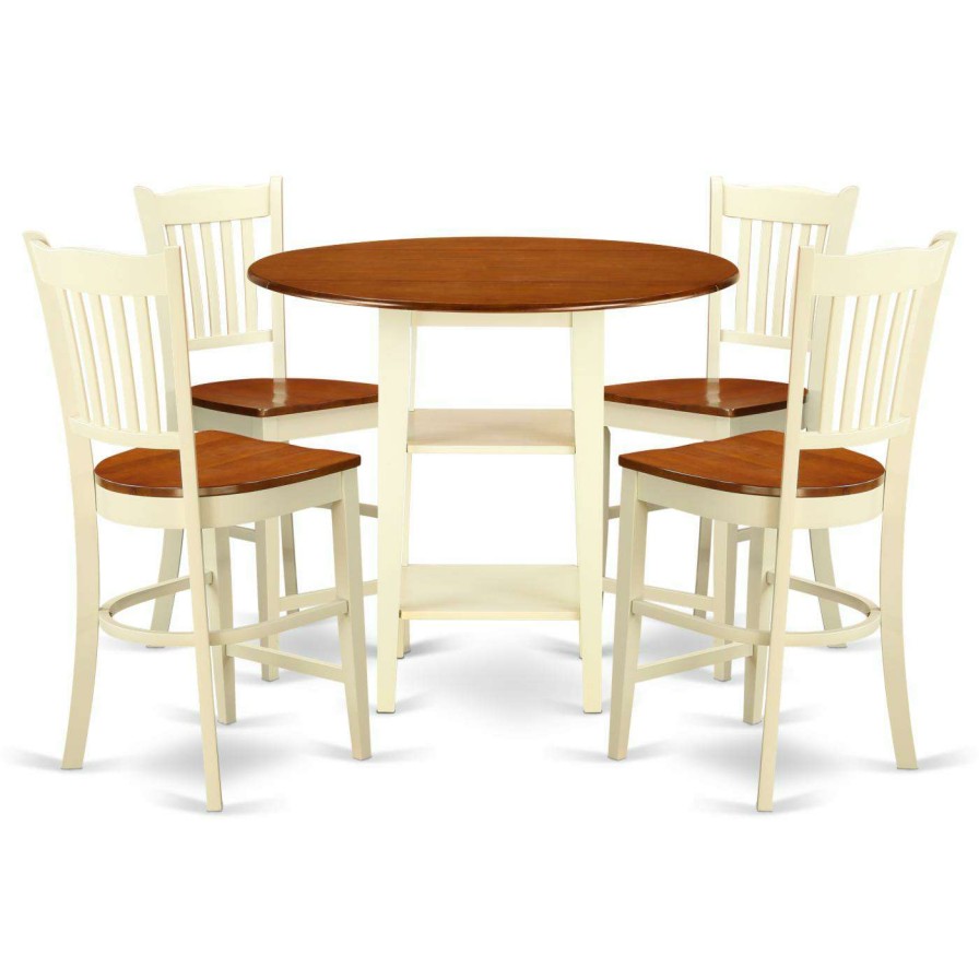 Dining Table Sets * | Discount Round East West Furniture Sudbury 5 Piece Double Drop Leaf Dining Table Set With Slat Back Chairs Buttermilk / Cherry