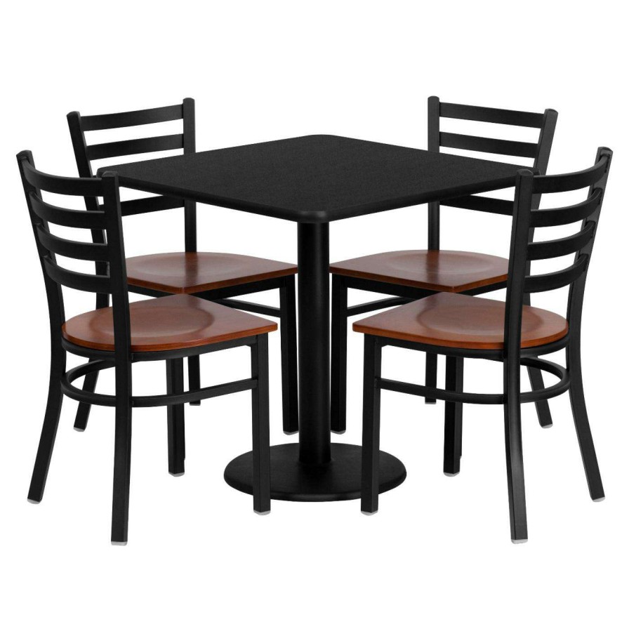 Dining Table Sets * | Coupon Flash Furniture 30 In. Square Black Laminate Table Set With 4 Cherry Wood Seat Ladder Back Metal Chairs