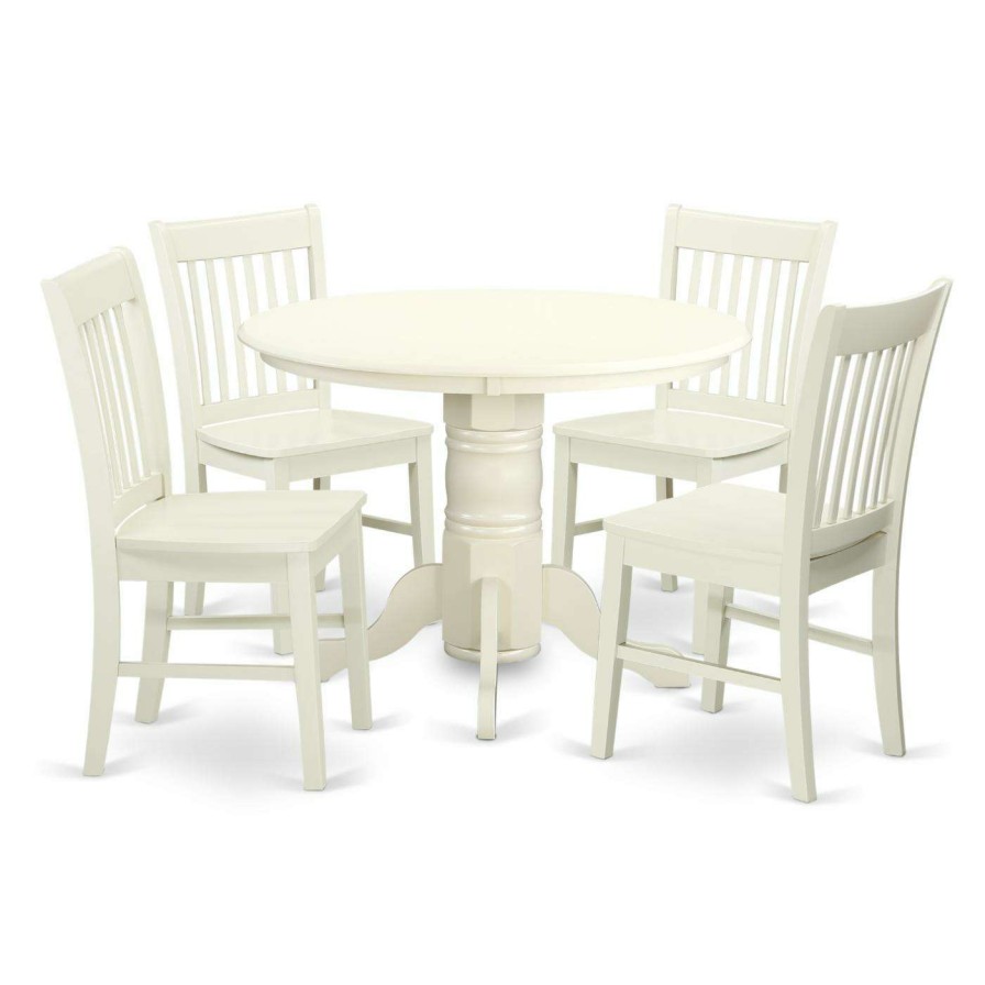 Dining Table Sets * | Flash Sale Round East West Furniture Shelton 5 Piece Dining Table Set With Wood Seat Dining Chairs Linen White