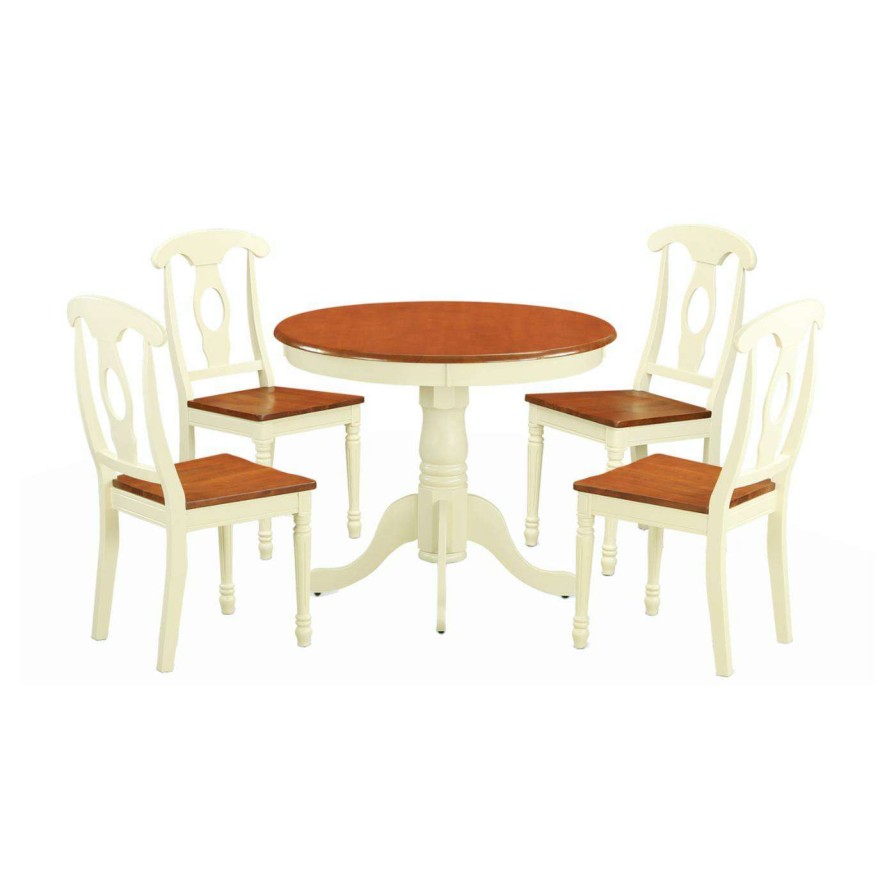 Dining Table Sets * | Buy East West Furniture Antique 5 Piece Pedestal Round Dining Table Set With Kenley Wooden Seat Chairs