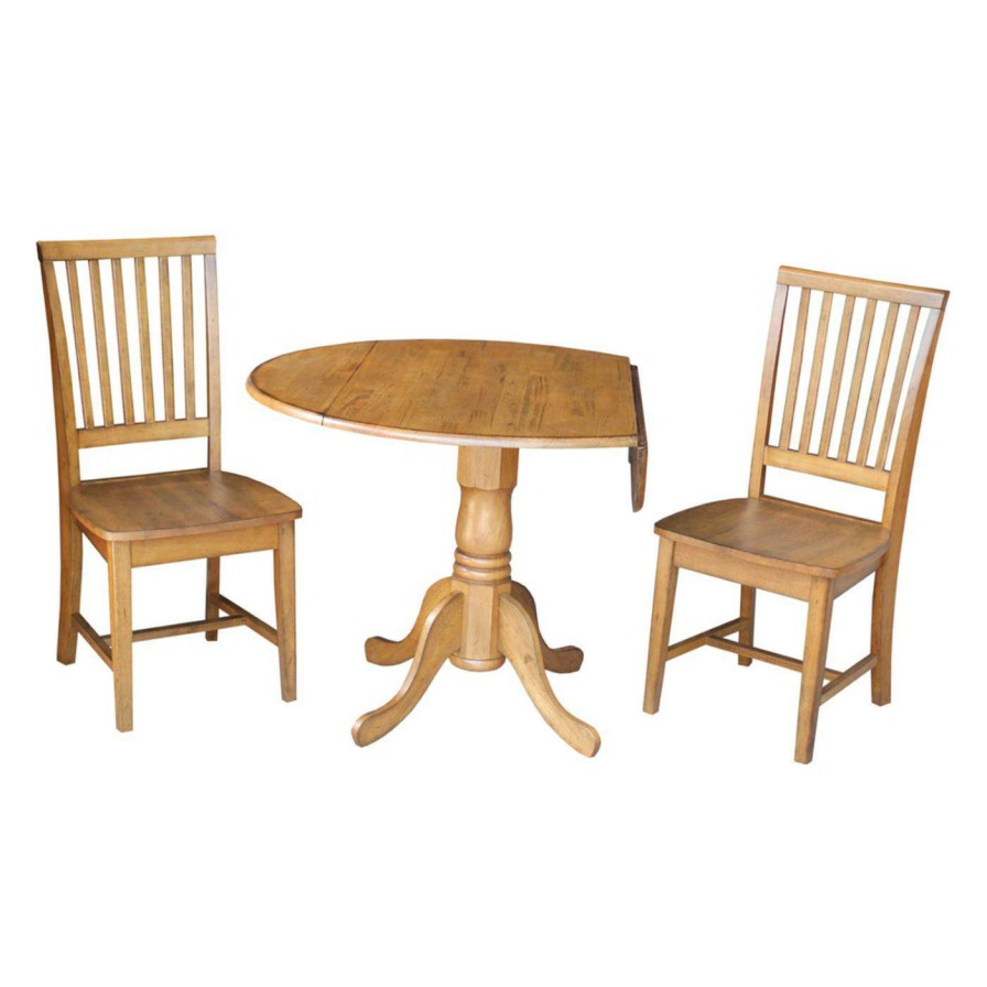 Dining Table Sets * | Wholesale Round International Concepts Dual Drop Leaf 3 Piece Dining Table Set With Mission Chairs Pecan