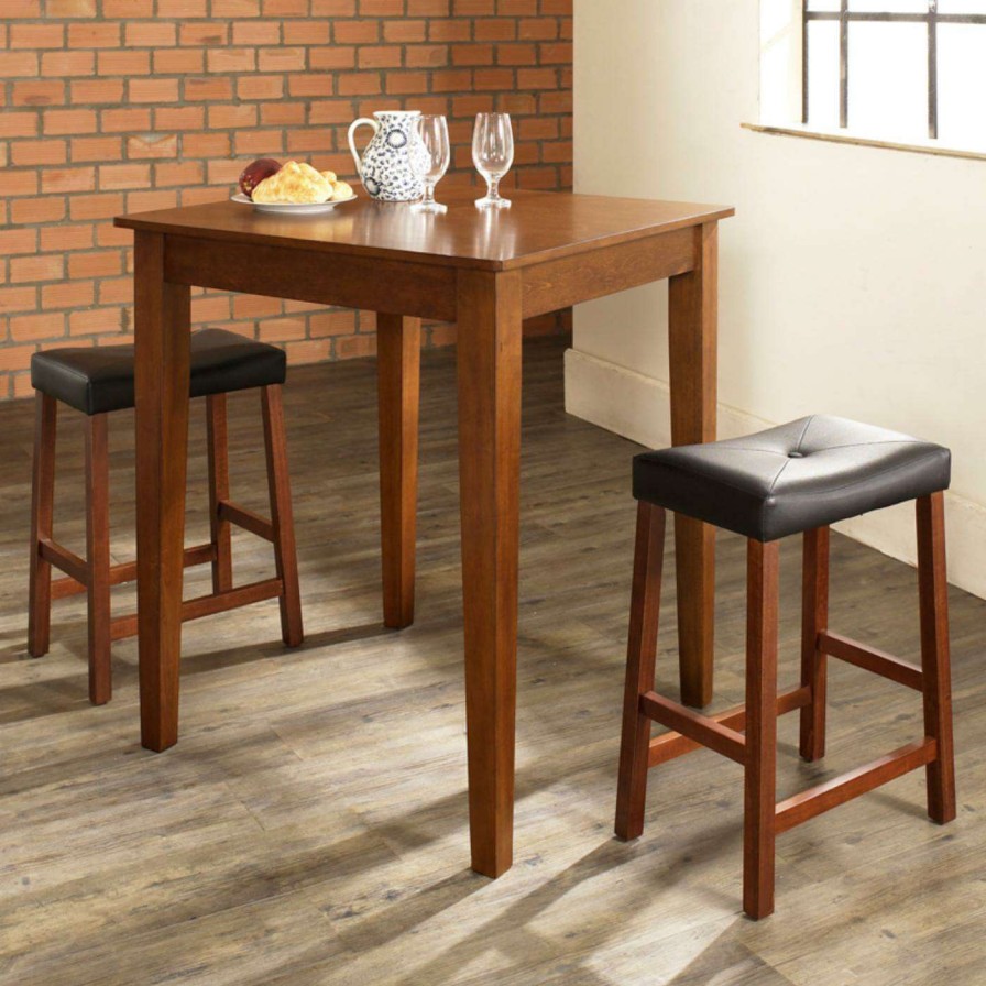 Dining Table Sets * | Wholesale Square Crosley 3-Piece Pub Dining Set With Tapered Leg And Upholstered Saddle Stools Vintage Mahogany