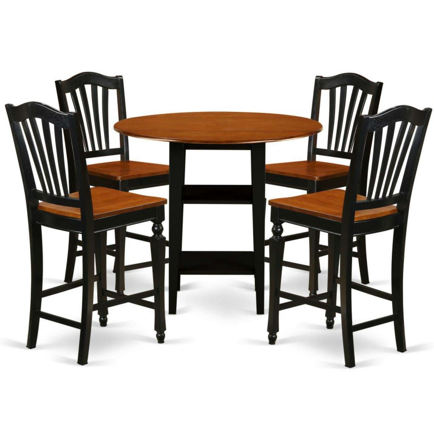 Dining Table Sets * | Discount Round East West Furniture Sudbury 5 Piece Double Drop Leaf Dining Table Set With Slat Back Chairs