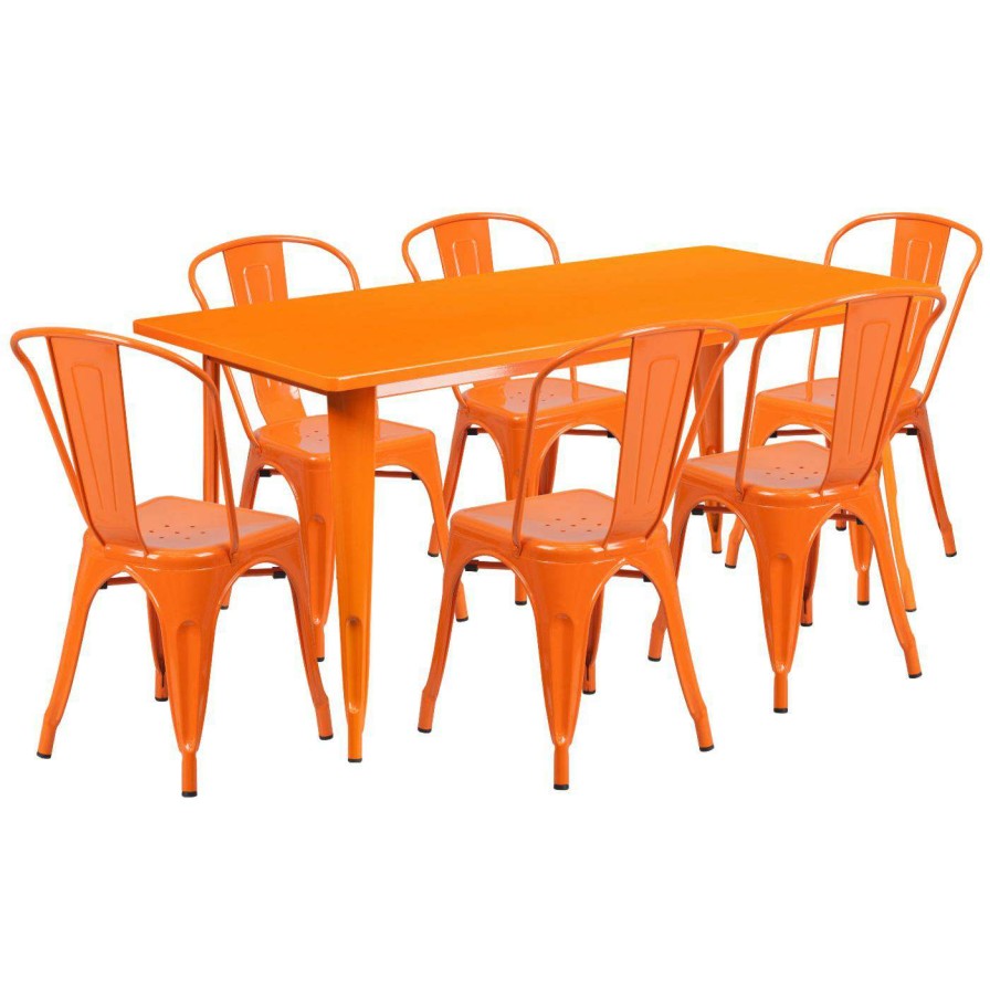 Dining Table Sets * | Wholesale Rectangle Flash Furniture 31.5 X 63 In. Rectangular Metal Indoor-Outdoor Table Set With 6 Stack Chairs