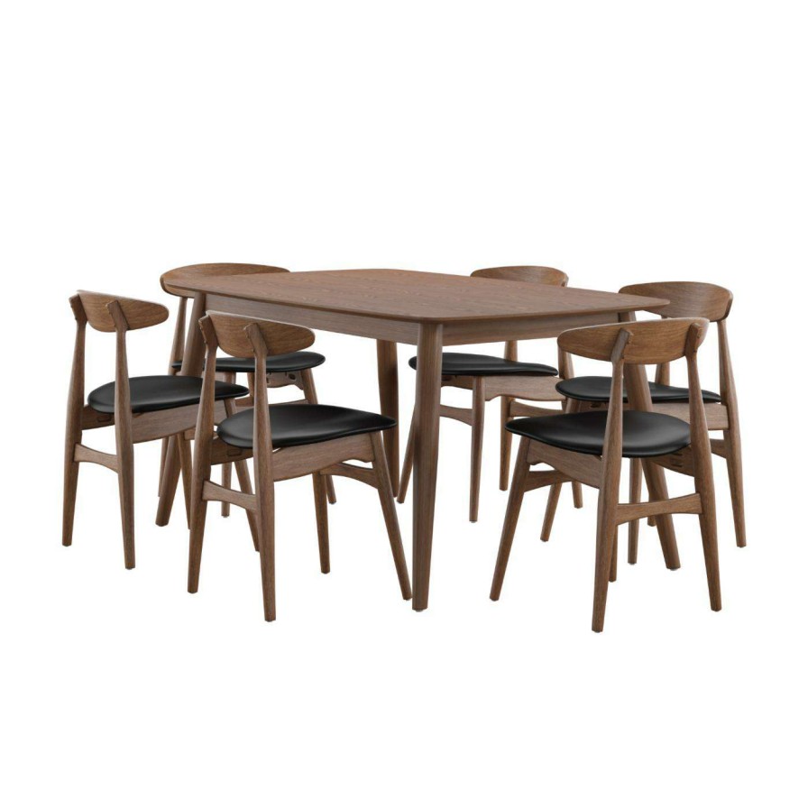 Dining Table Sets * | Discount Rectangle Chelsea Lane Mid Century Modern 7 Piece Dining Set With Faux Leather Chairs