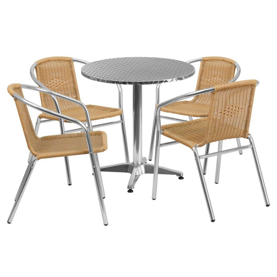 Dining Table Sets * | Outlet Flash Furniture 27.5 In. Round Aluminum Indoor-Outdoor Table With 4 Rattan Arm Chairs