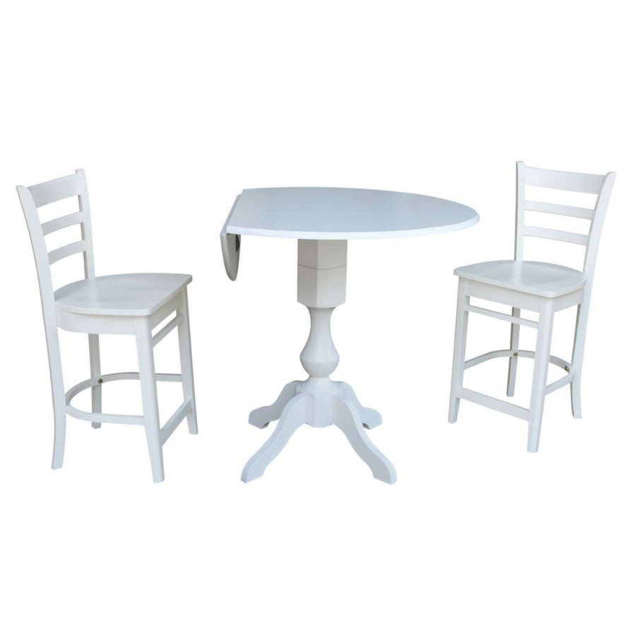 Dining Table Sets * | Hot Sale International Concepts 3 Piece Round Pedestal Gathering Height Table Set With Drop Leaf Extensions