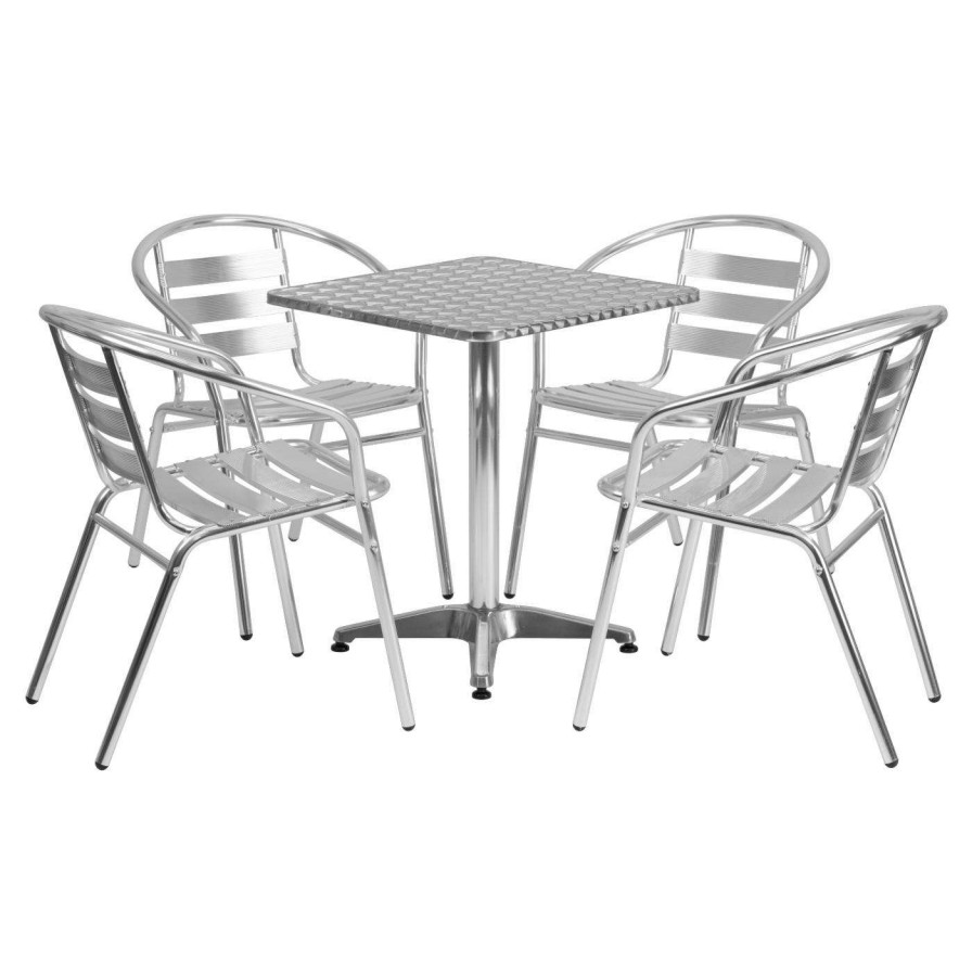 Dining Table Sets * | Buy Flash Furniture 23.5 In. Square Aluminum Indoor-Outdoor Table With 4 Slat Back Arm Chairs