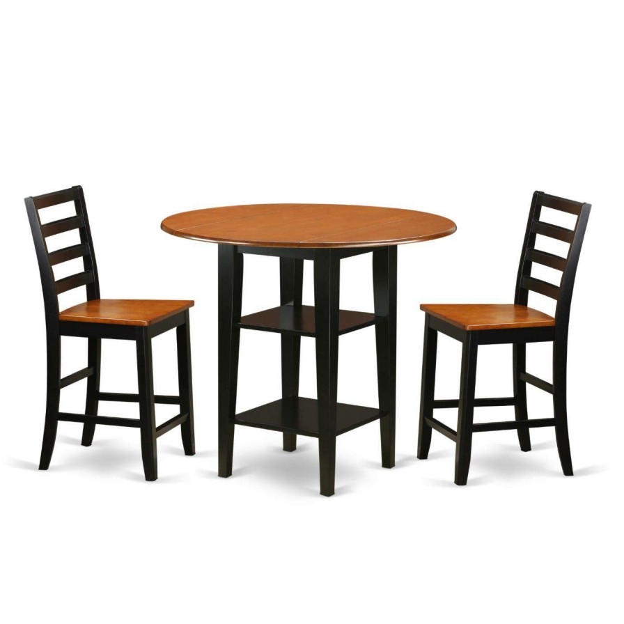 Dining Table Sets * | Outlet Round East West Furniture Sudbury 3 Piece Extension Dining Table Set With Ladder Back Chairs Black / Cherry