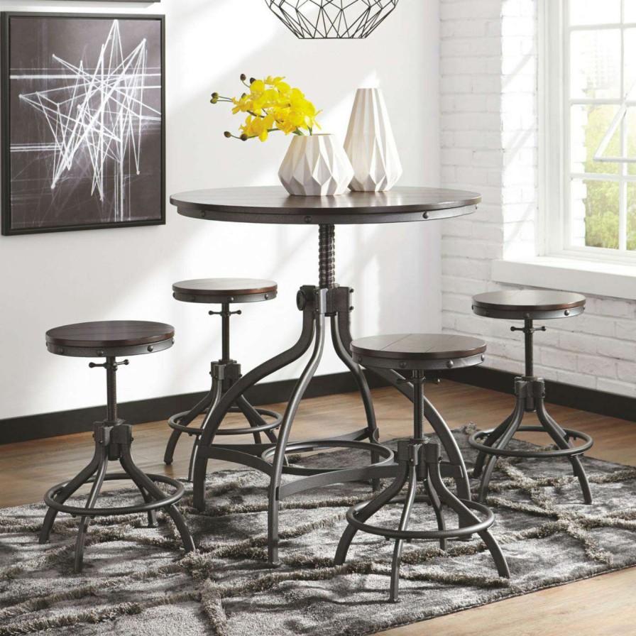 Dining Table Sets * | Budget Round Signature Design By Ashley Odium 5 Piece Adjustable Height Dining Table Set