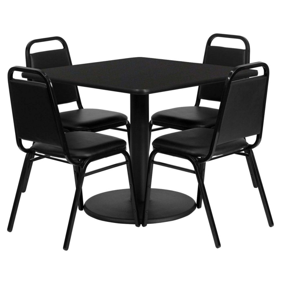 Dining Table Sets * | Flash Sale Flash Furniture 36 In. Square Laminate Table Set With 4 Trapezoidal Back Metal Banquet Chairs